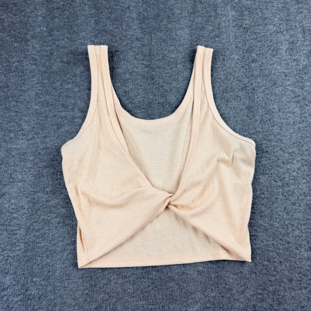 Rebellious Dreamer Crop Tank Top Women Small Peach Ribbed Twist Back Sleeveless